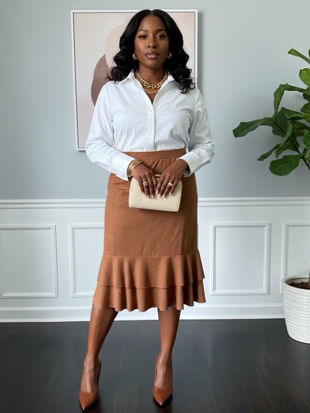 Avenue Faux Suede Ruffle Tiered Midi Skirt